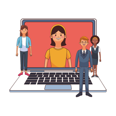 business coworkers executives connecting with laptop cartoon vector illustration graphic designのイラスト素材