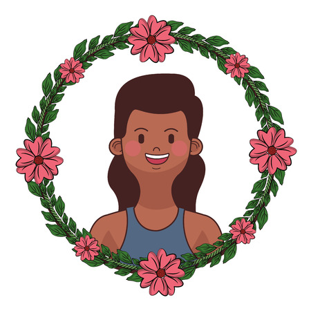 young woman upperbody flowers round icon cartoon vector illustration graphic designのイラスト素材