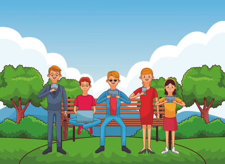 group of friends using technology device at nature park cartoon vector illustration graphic designのイラスト素材