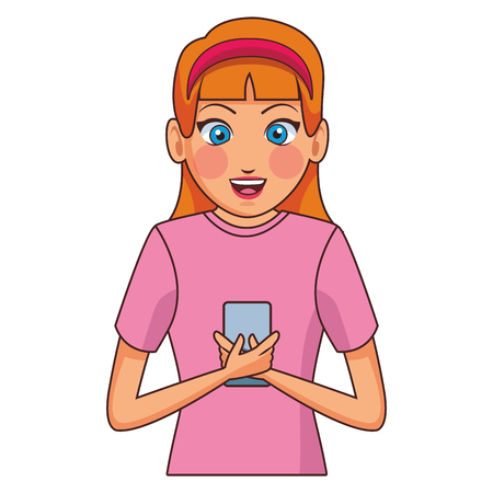 young woman chatting by smartphone cartoon vector illustration graphic designのイラスト素材