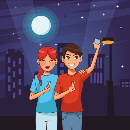 young people couple taking selfie by smartphone at night cartoon vector illustration graphic designのイラスト素材