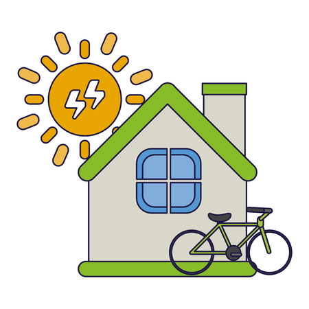 Green energy ecology house and bike with solar energy vector illustration graphic designのイラスト素材