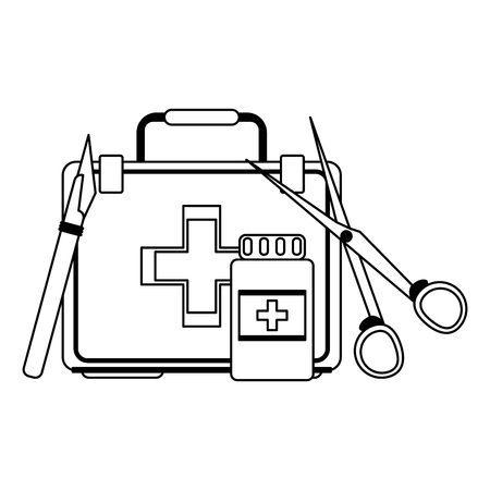 Medical and healthcare first aids suitcase medicine bottle and scissor vector illustration graphic designのイラスト素材