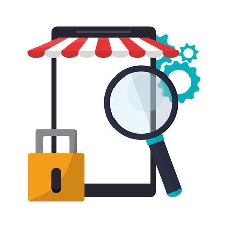 smartphone online store with magnifying glass gears and padlock vector illustration graphic designのイラスト素材