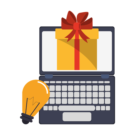 laptop with gift box and bulb light symbol vector illustration graphic designのイラスト素材
