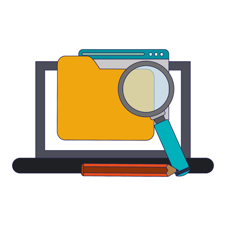Business and office laptop with folder magnifying glass and pencil vector illustration graphic designのイラスト素材