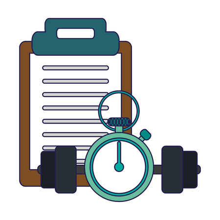 Fitness and healthy lifestyle clipboard timer and dumbbell vector illustration graphic designのイラスト素材