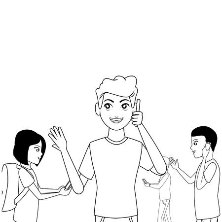 group of friends using smartphone device cartoon vector illustration graphic designのイラスト素材