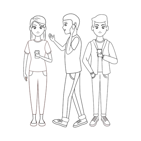 group of friends using smartphone device cartoon vector illustration graphic designのイラスト素材