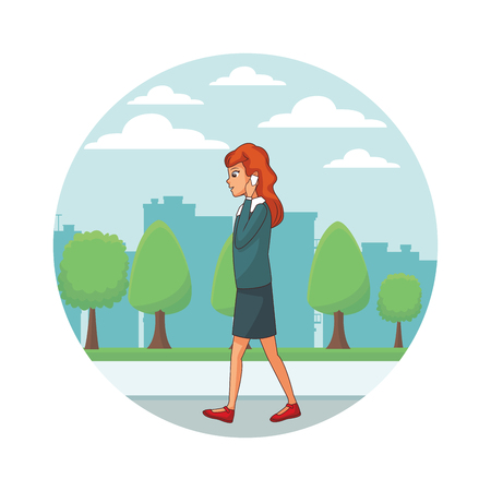 young woman using smartphone device at city park cartoon vector illustration graphic designのイラスト素材