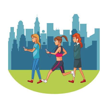 young women in front city landscape cartoon vector illustration graphic designのイラスト素材