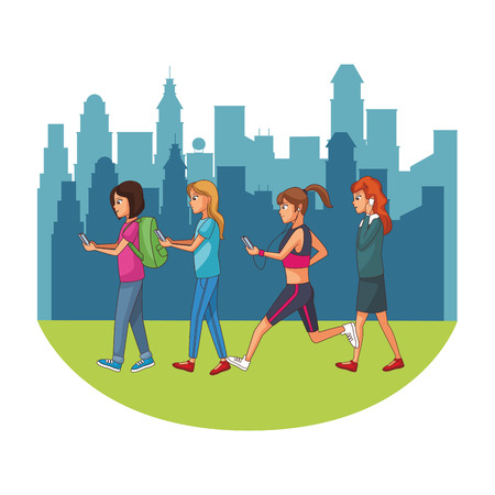 young women in front city landscape cartoon vector illustration graphic designのイラスト素材