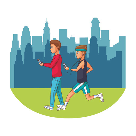 young man cartoon using smartphone device vector illustration graphic designのイラスト素材