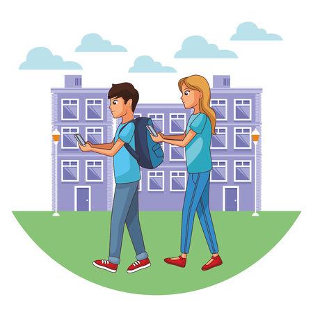 young people couple using smartphone device in front buildings landscape cartoon vector illustration graphic designのイラスト素材