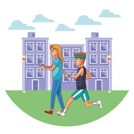 young people couple using smartphone device in front buildings landscape cartoon vector illustration graphic designのイラスト素材