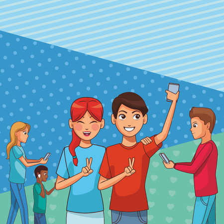 group of friends using smartphone device with blue background cartoon vector illustration graphic designのイラスト素材