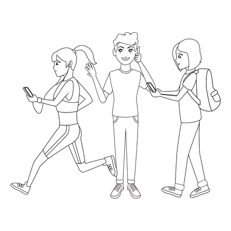 group of friends using smartphone device cartoon vector illustration graphic designのイラスト素材