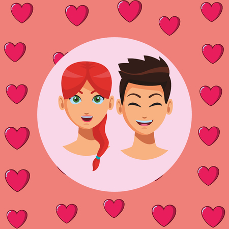 young people couple in love faces with hearts pattern background cartoon vector illustration graphic designのイラスト素材
