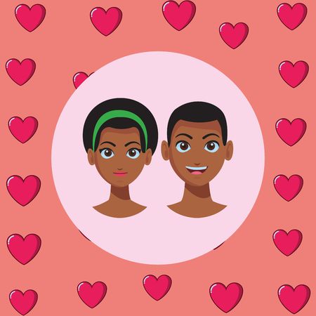 young people couple in love faces with hearts pattern background cartoon vector illustration graphic designのイラスト素材