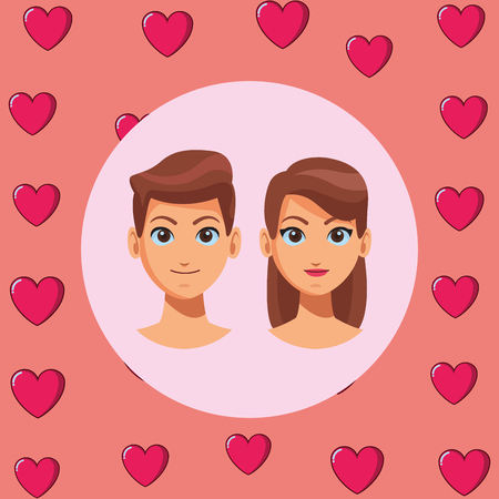 young people couple in love faces with hearts pattern background cartoon vector illustration graphic designのイラスト素材