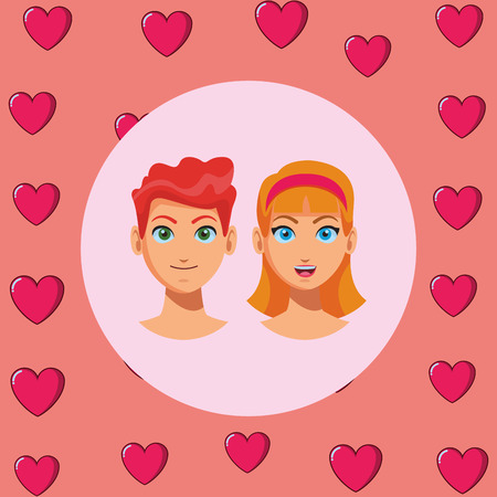 young people couple in love faces with hearts pattern background cartoon vector illustration graphic designのイラスト素材