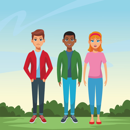 group of friends at nature park cartoon vector illustration graphic designのイラスト素材