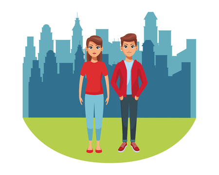 young people couple body in front city landscape cartoon vector illustration graphic designのイラスト素材