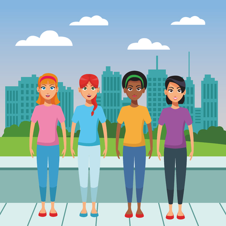 young women in front city landscape cartoon vector illustration graphic designのイラスト素材