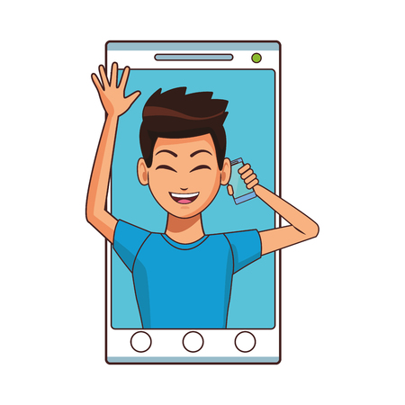 young man calling inside smartphone device cartoon vector illustration graphic designのイラスト素材