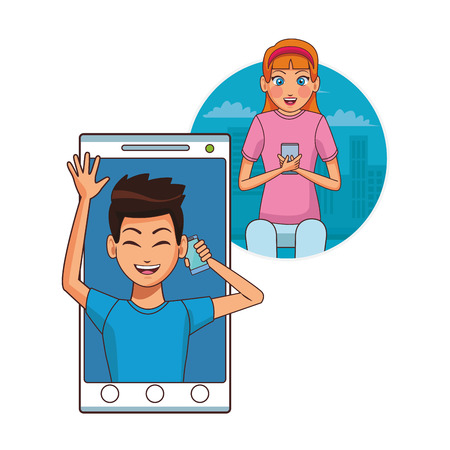 young people couple using smartphone device cartoon vector illustration graphic designのイラスト素材