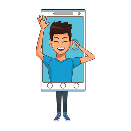 young man calling inside smartphone device cartoon vector illustration graphic designのイラスト素材