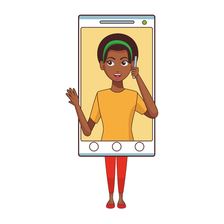 young woman calling inside smartphone device cartoon vector illustration graphic designのイラスト素材