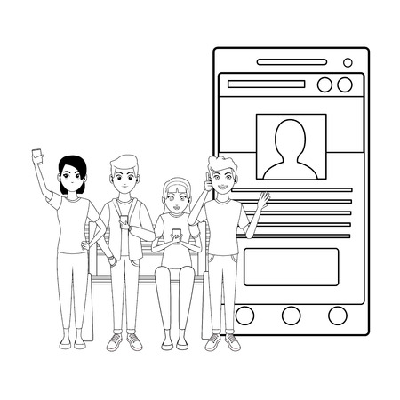 group of friends with smartphone device over park bench cartoon vector illustration graphic designのイラスト素材