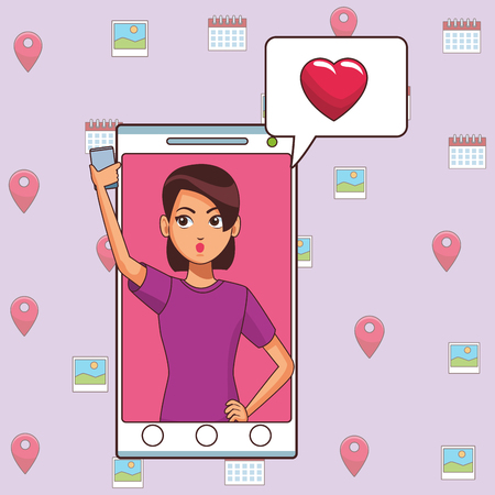 young woman using smartphone device and taking selfie cartoon vector illustration graphic designのイラスト素材