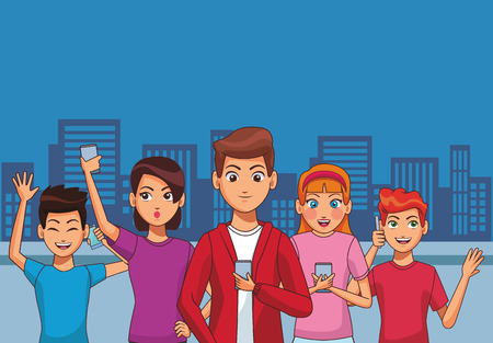 group of friends using smartphone device in front city landscape cartoon vector illustration graphic designのイラスト素材