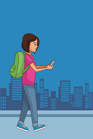 young woman using smartphone device in front city landscape cartoon vector illustration graphic designのイラスト素材