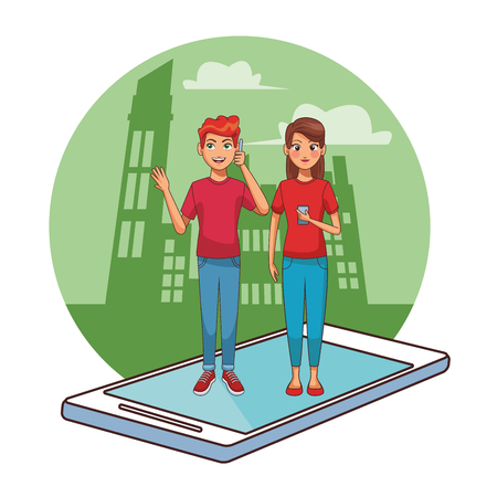 young people couple using smartphone device cartoon vector illustration graphic designのイラスト素材
