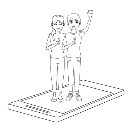 young people couple using smartphone device taking selfie cartoon vector illustration graphic designのイラスト素材
