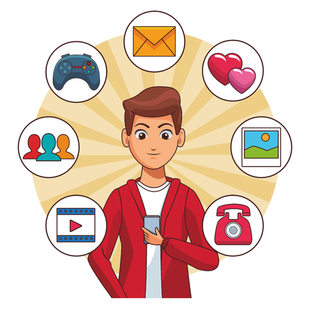 young man using smartphone device with apps cartoon vector illustration graphic designのイラスト素材