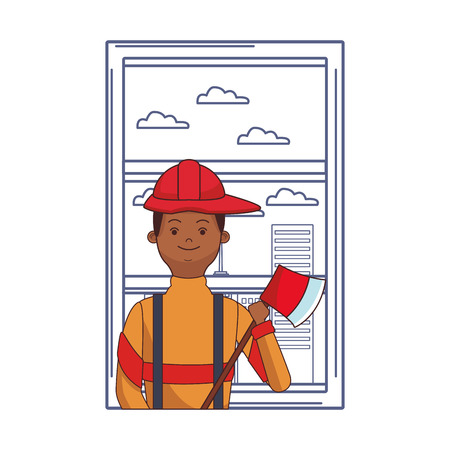 firefighter hero in front window cartoon vector illustration graphic designのイラスト素材