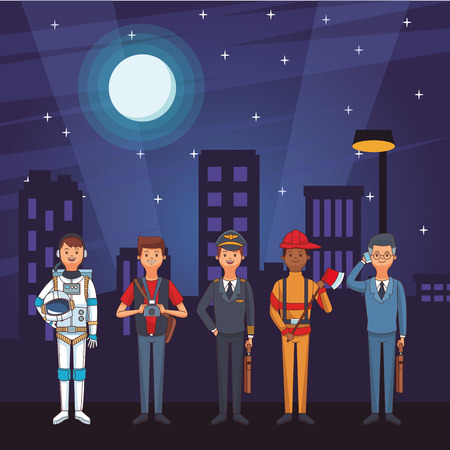 american labor day professional people at night cartoon vector illustration graphic designのイラスト素材