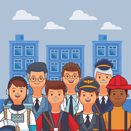 american labor day professional people in front city landscape cartoon vector illustration graphic designのイラスト素材