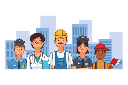 american labor day professional people in front city landscape cartoon vector illustration graphic designのイラスト素材
