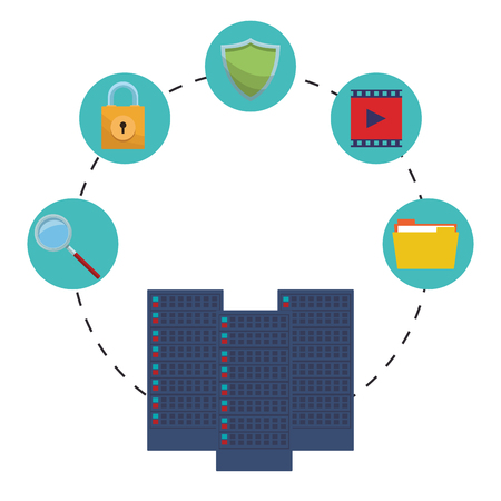 servers with informatic items magnifying glass documents padlock vector illustration graphic designのイラスト素材