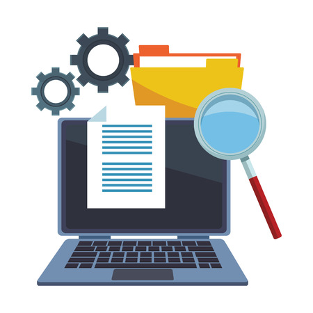 computer with magnifying glass documents and gears vector illustration graphic designのイラスト素材