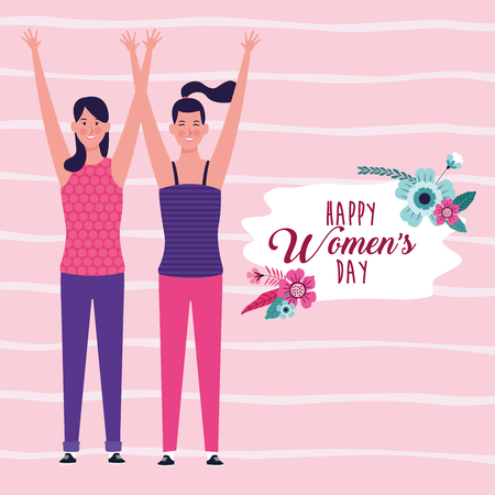Happy women day card girls smiling with hands up vector illustration graphic designのイラスト素材