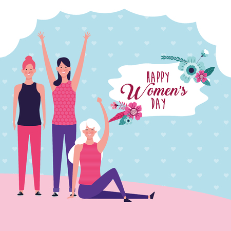 Happy women day card with girls smiling cartoons vector illustration graphic designのイラスト素材