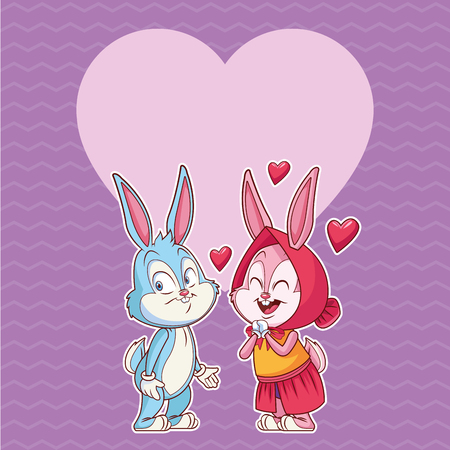 rabbit couple in love over purple heart shaped background vector illustration graphic designのイラスト素材