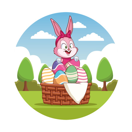 happy easter rabbit with egg on nature cartoon vector illustration graphic designのイラスト素材