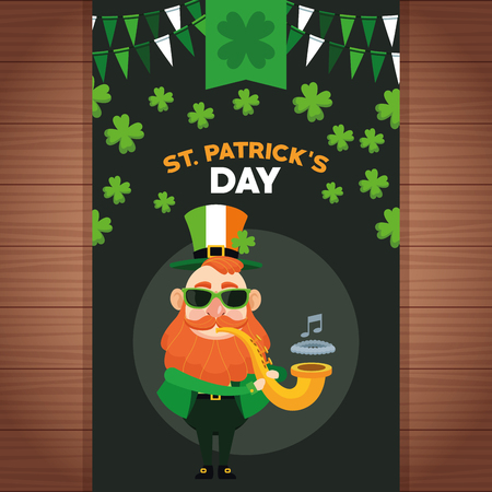 Happy saint patricks day card elf cartoons wooden background vector illustration graphic designのイラスト素材